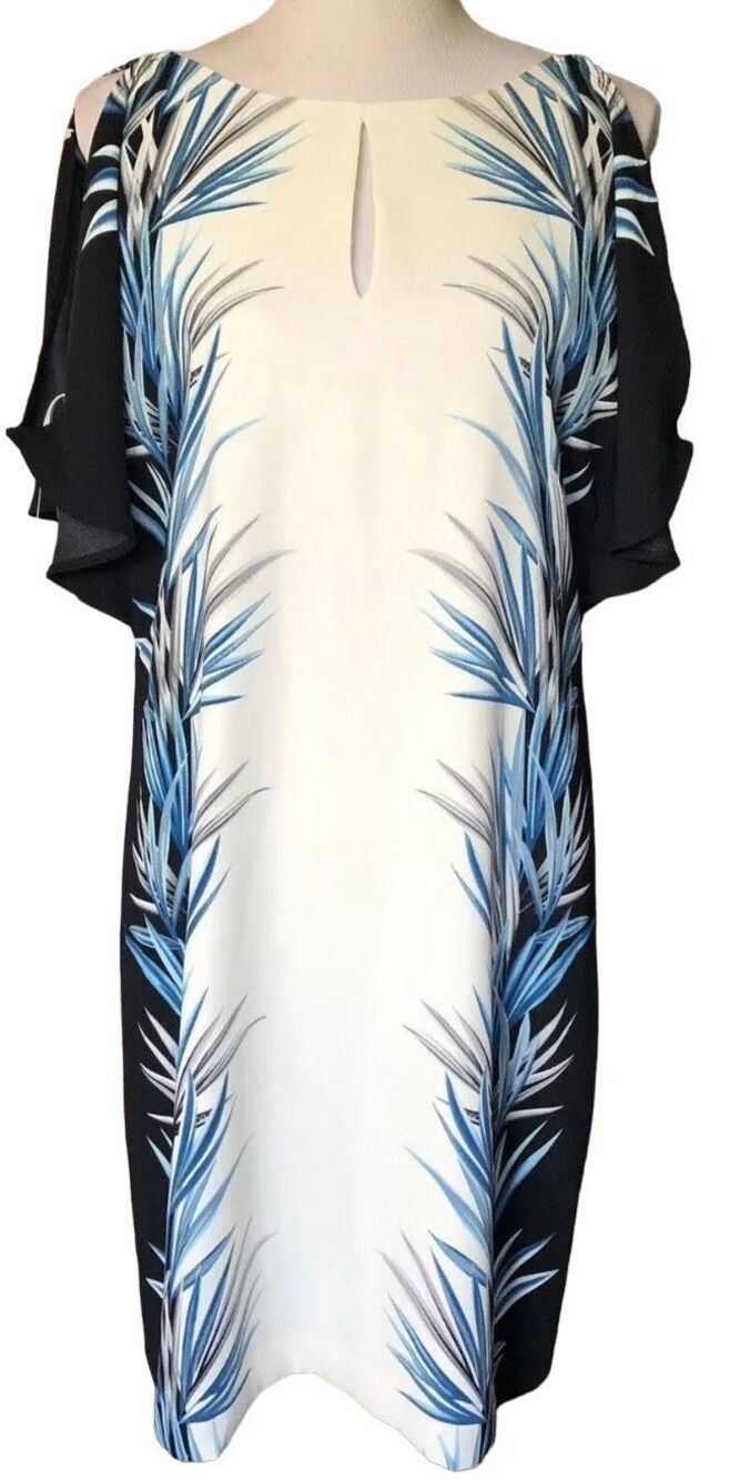 White House Black Market palm print shift cold shoulder dress - Size 8 - Picture 1 of 15